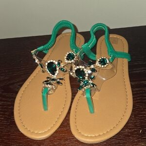 Green and Tan Jeweled Sandals